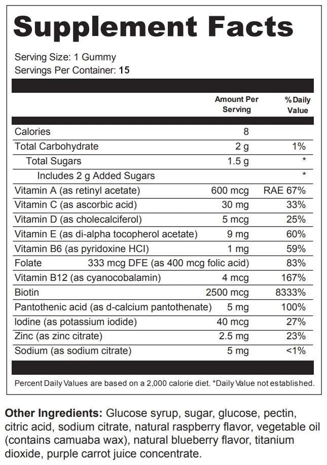 Value Terrace 1 Travel Size Hair, Skin & Nails Gummies ingredients